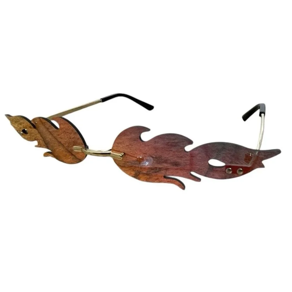 Flame Sunglasses Rimless Y2K Fire Shape Orange Red Tinted Trendy - Picture 2 of 4